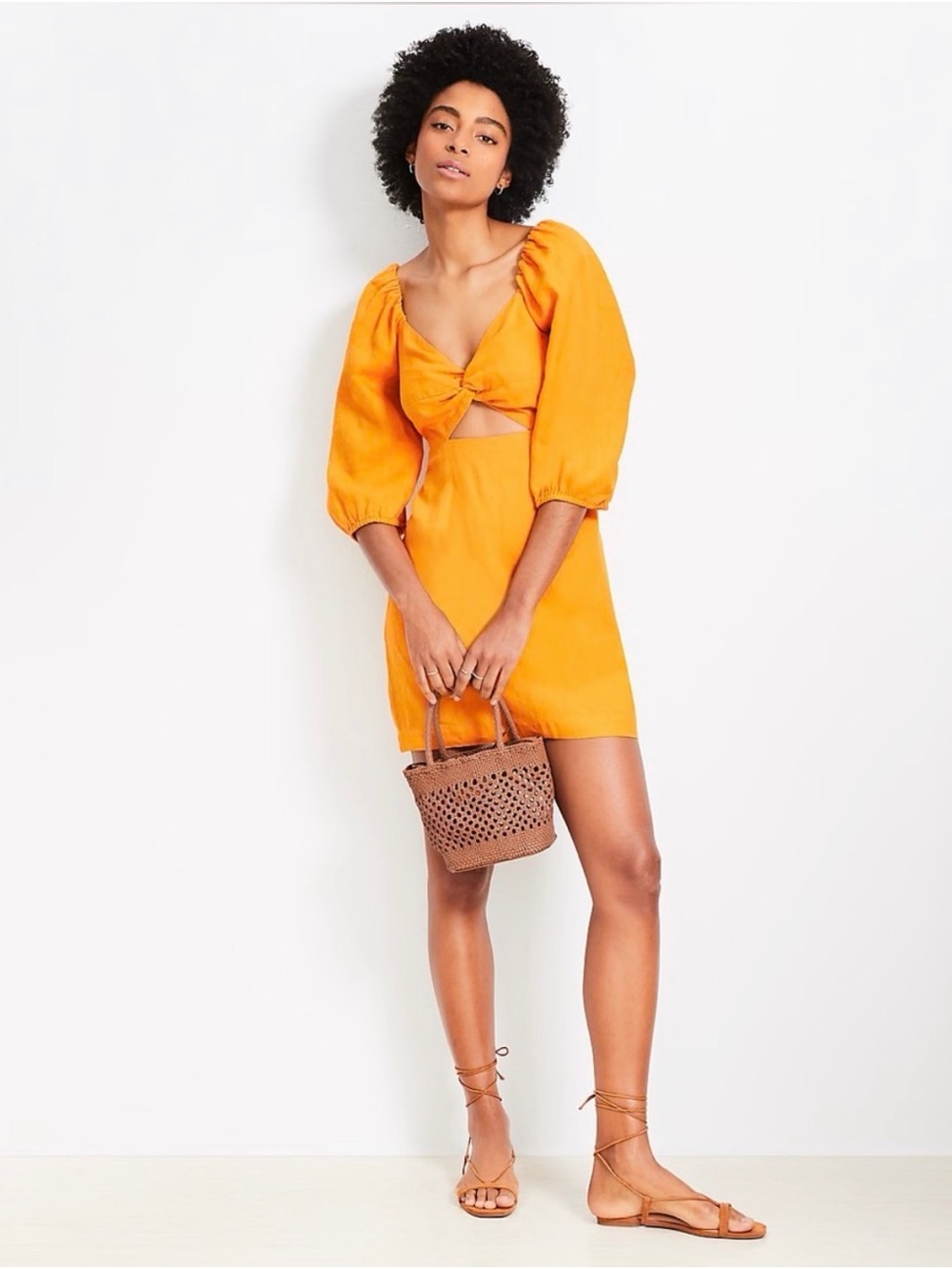 LOFT Orange Tie-Front Puff Sleeve Mini Dress